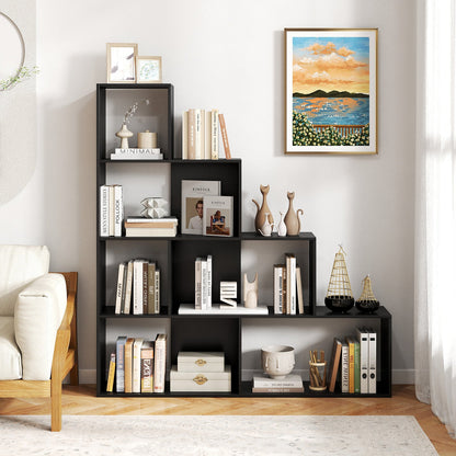4-Tier Stepped Bookshelf Modern Ladder Bookcase with 6 Storage Cubes-Black