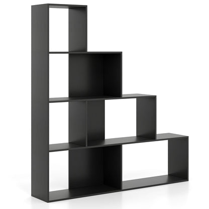 4-Tier Stepped Bookshelf Modern Ladder Bookcase with 6 Storage Cubes-Black
