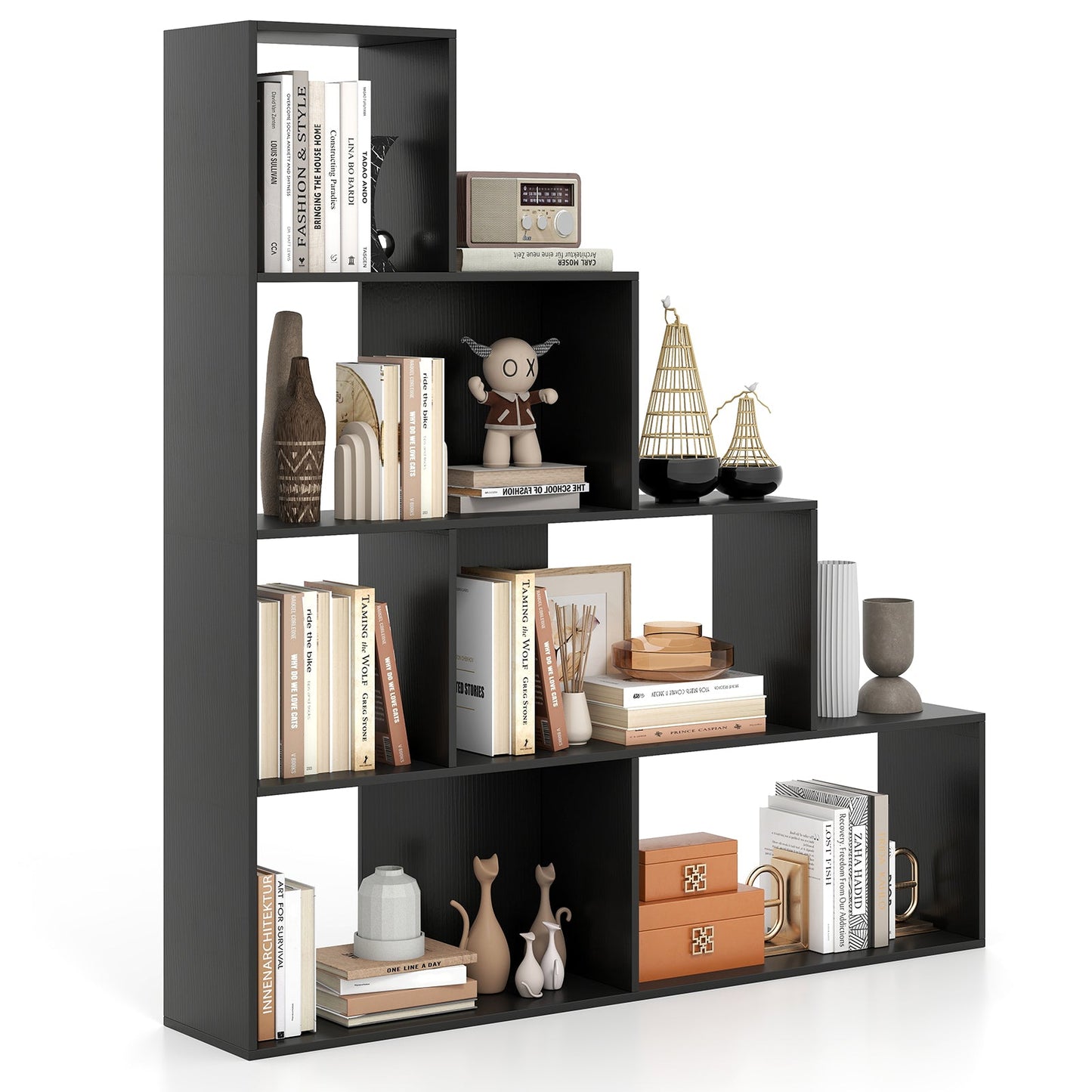 4-Tier Stepped Bookshelf Modern Ladder Bookcase with 6 Storage Cubes-Black