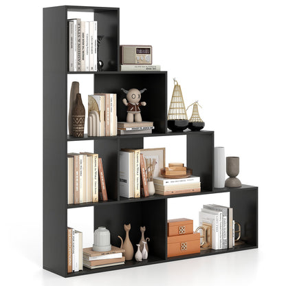 4-Tier Stepped Bookshelf Modern Ladder Bookcase with 6 Storage Cubes-Black