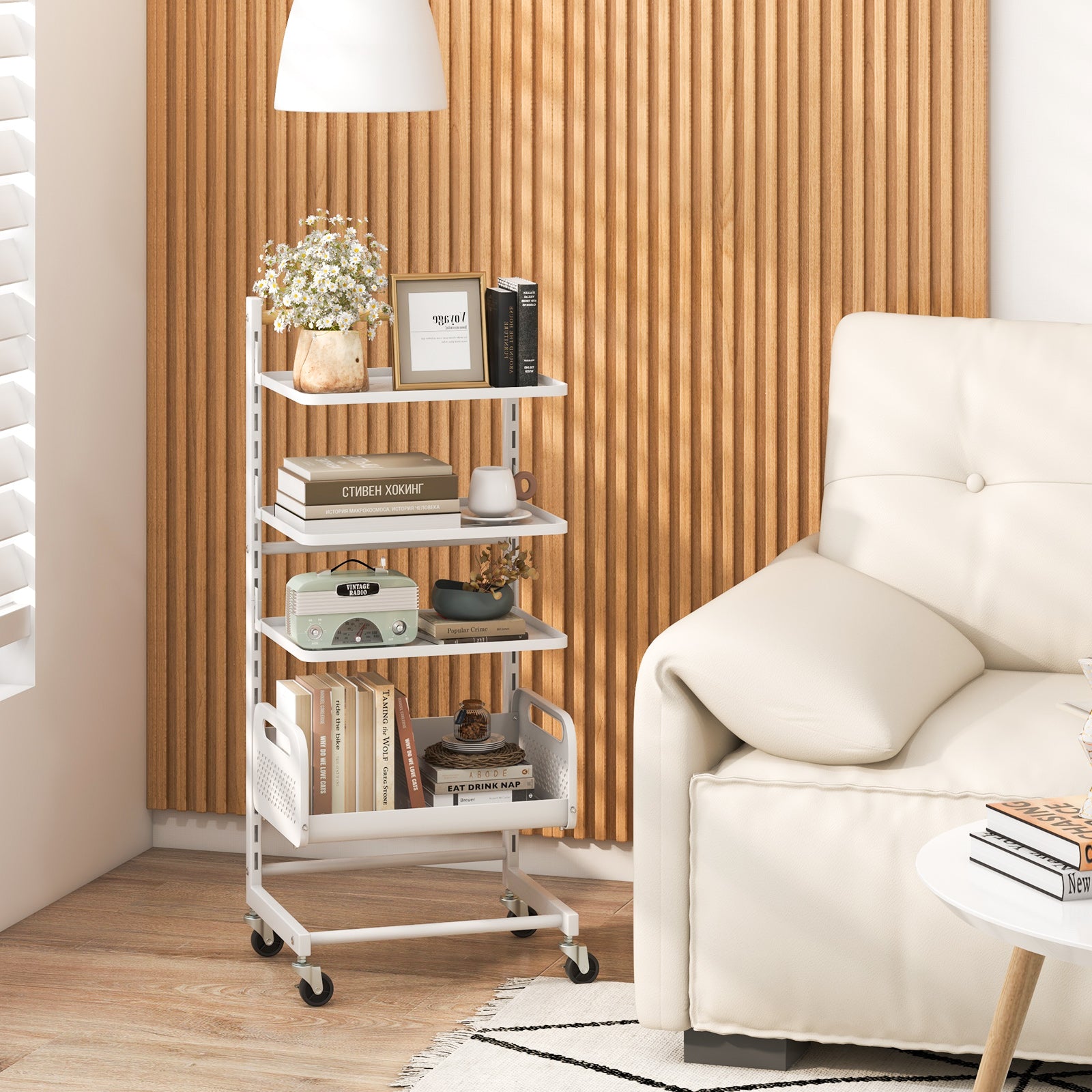 4 Tier Utility Rolling Cart with Adjustable Shelves-White