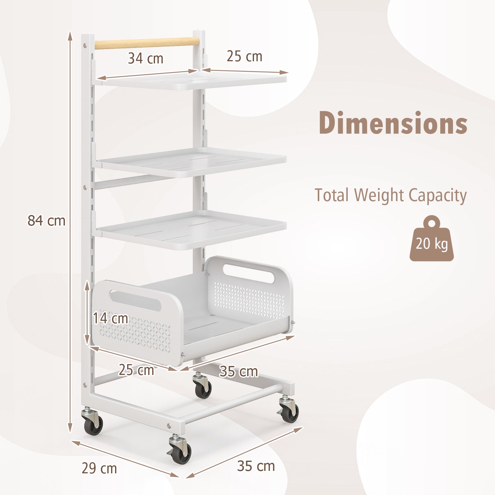 4 Tier Utility Rolling Cart with Adjustable Shelves-White