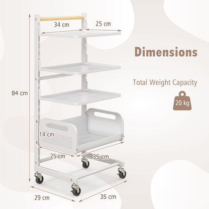 4 Tier Utility Rolling Cart with Adjustable Shelves-White