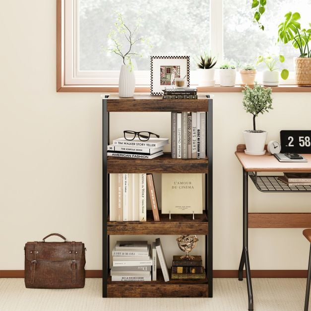 4 Tier Wooden Bookcase Bookshelf with Dual Anti-Tipping Kits-Rustic Brown