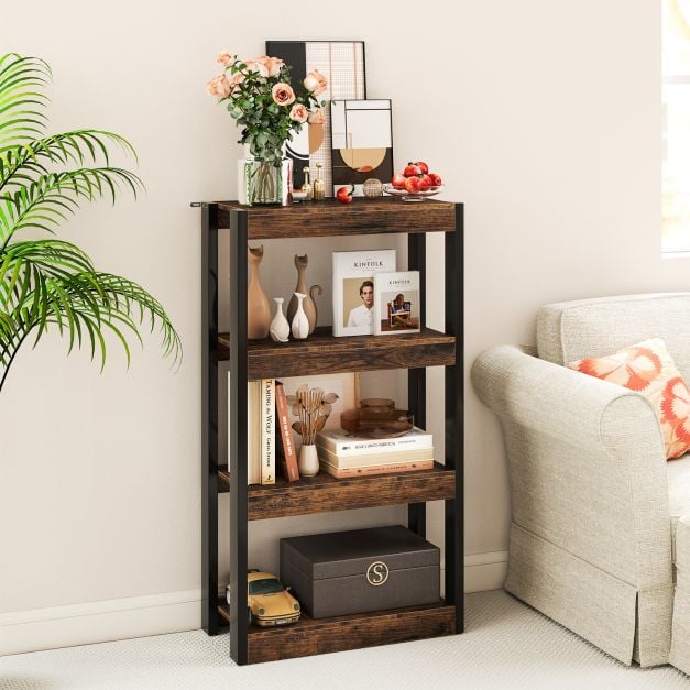 4 Tier Wooden Bookcase Bookshelf with Dual Anti-Tipping Kits-Rustic Brown