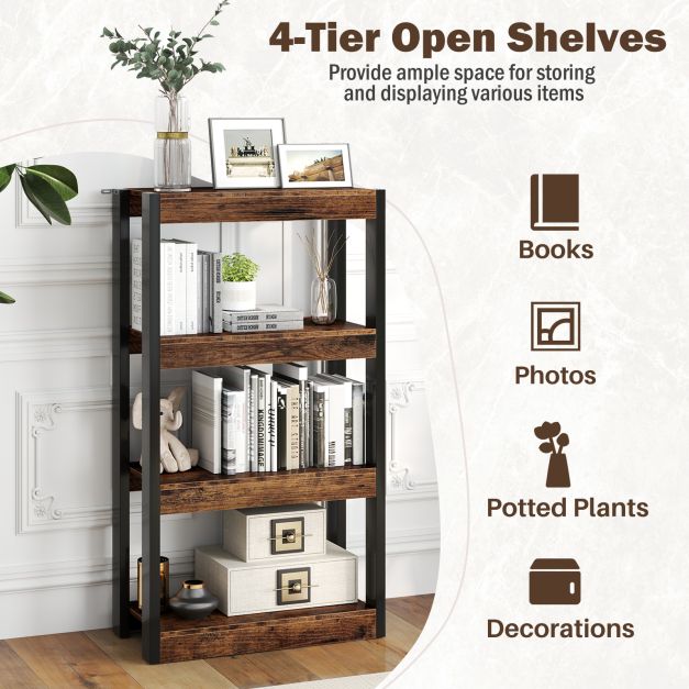 4 Tier Wooden Bookcase Bookshelf with Dual Anti-Tipping Kits-Rustic Brown