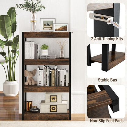 4 Tier Wooden Bookcase Bookshelf with Dual Anti-Tipping Kits-Rustic Brown