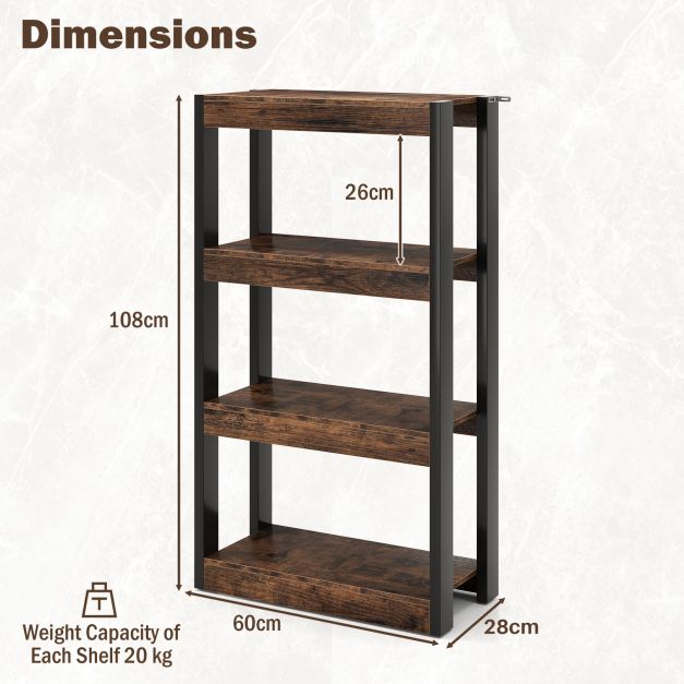 4 Tier Wooden Bookcase Bookshelf with Dual Anti-Tipping Kits-Rustic Brown