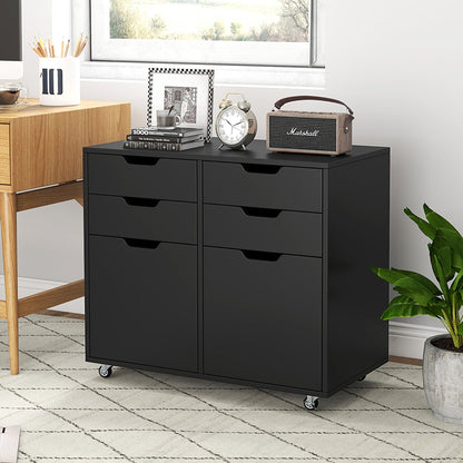 4 Drawer Dresser Chest with Doors and Universal Wheels-Black