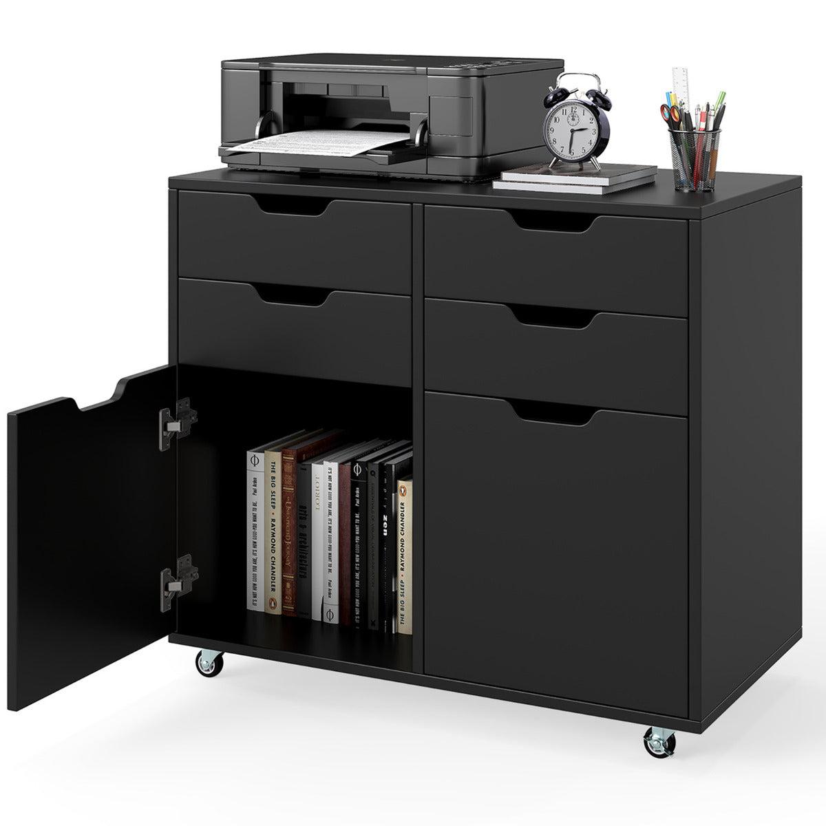 4 Drawer Dresser Chest with Doors and Universal Wheels-Black