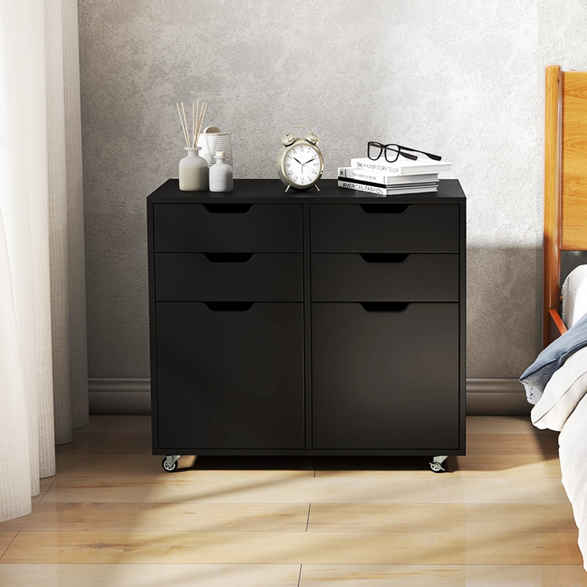 4 Drawer Dresser Chest with Doors and Universal Wheels-Black