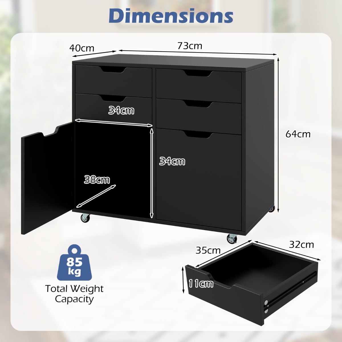 4 Drawer Dresser Chest with Doors and Universal Wheels-Black