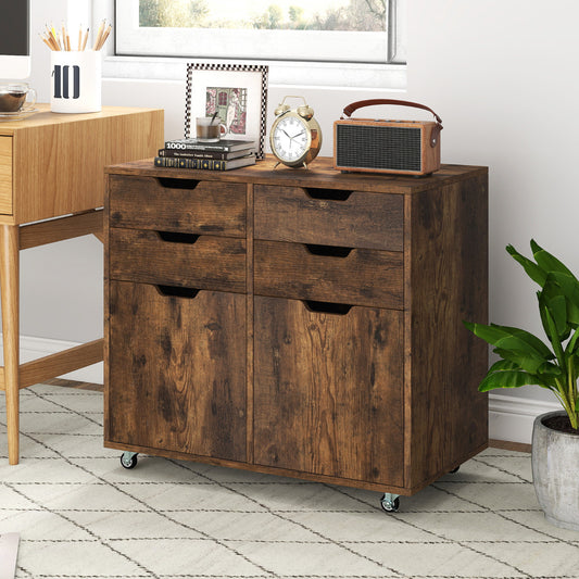 4 Drawer Dresser Chest with Doors and Universal Wheels-Rustic Brown