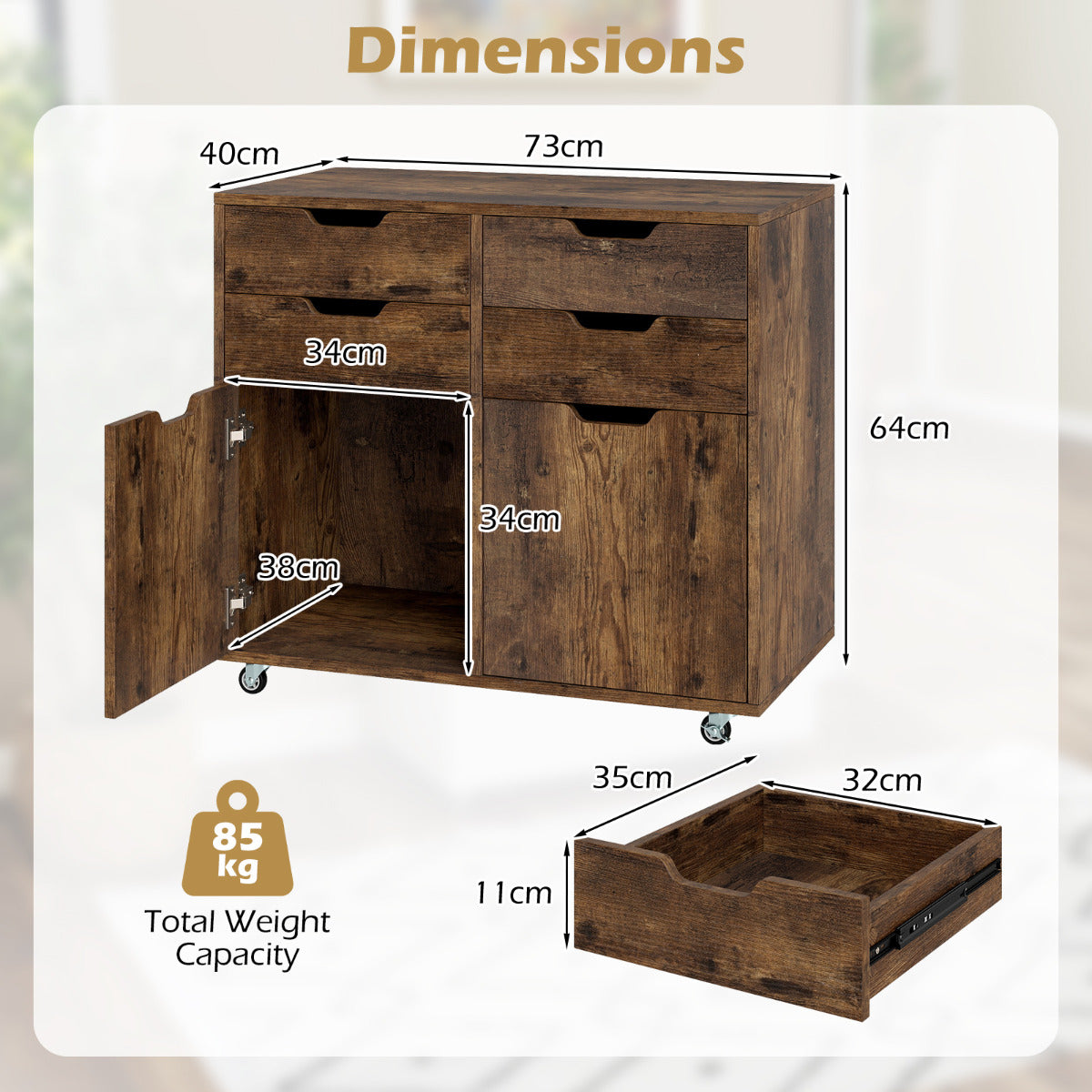 4 Drawer Dresser Chest with Doors and Universal Wheels-Rustic Brown
