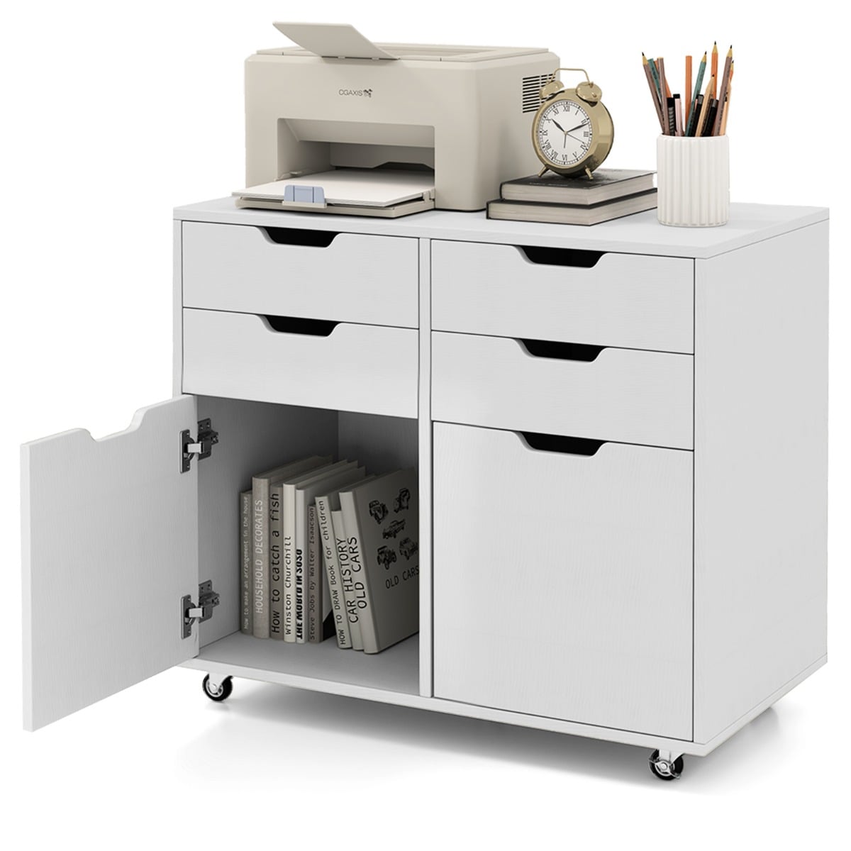 4 Drawer Dresser Chest with Doors and Universal Wheels-White