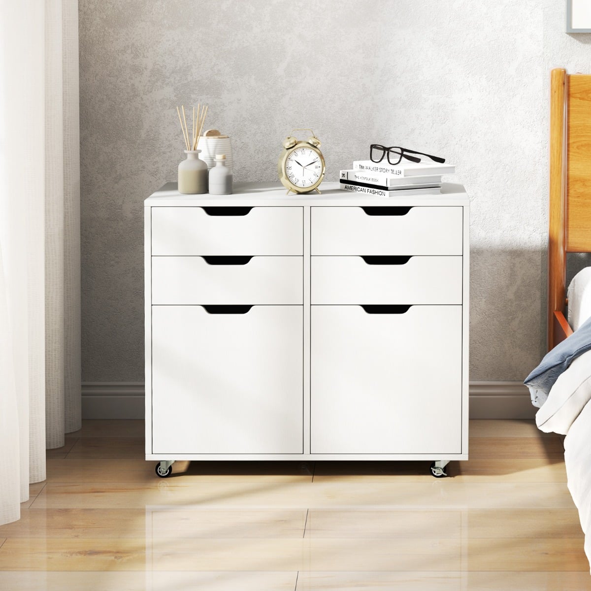 4 Drawer Dresser Chest with Doors and Universal Wheels-White