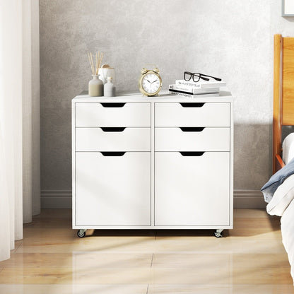 4 Drawer Dresser Chest with Doors and Universal Wheels-White