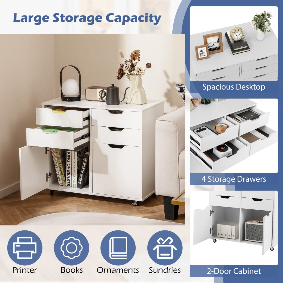 4 Drawer Dresser Chest with Doors and Universal Wheels-White