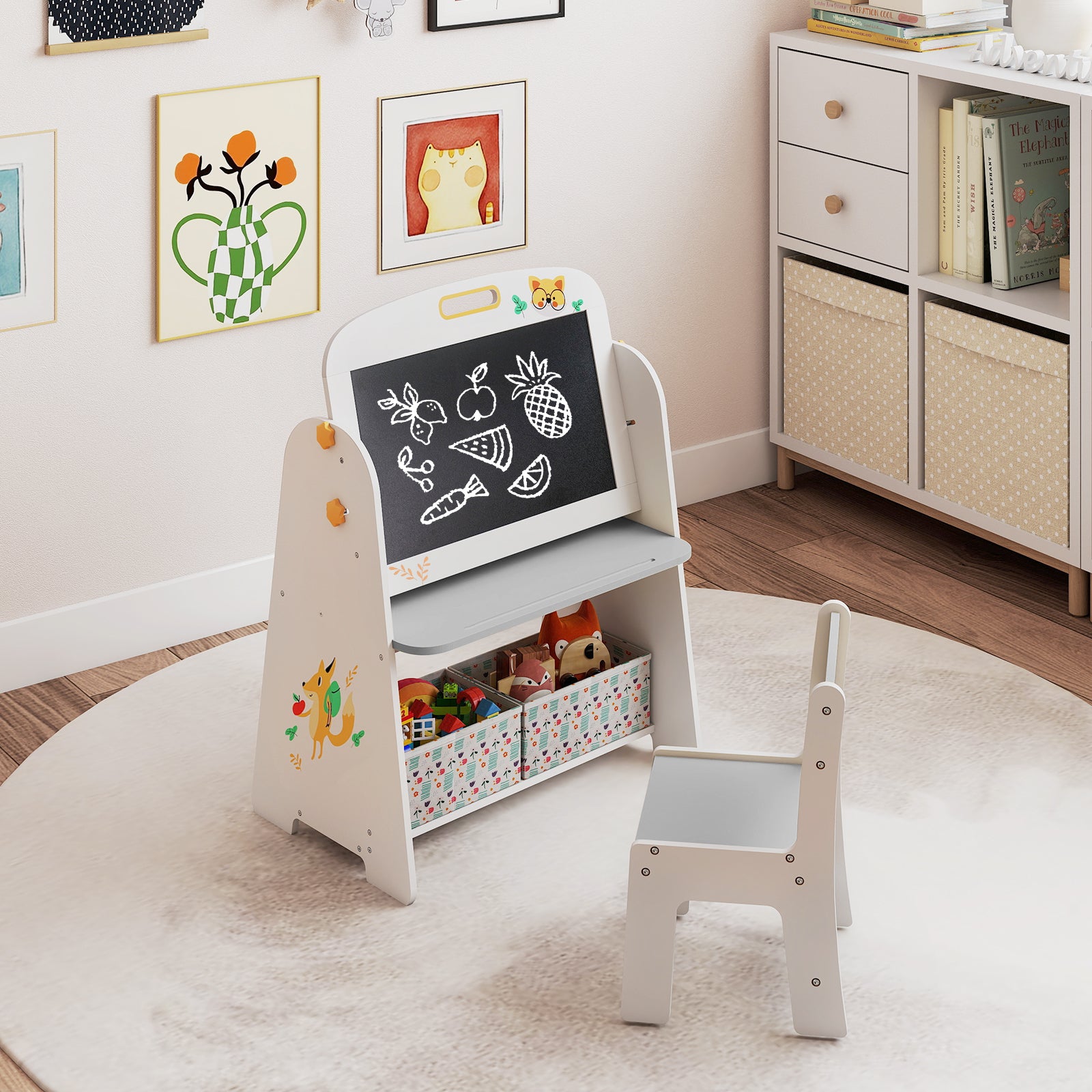 4-in-1 Art Easel and Bookshelf with Magnetic Whiteboard and Blackboard-Grey