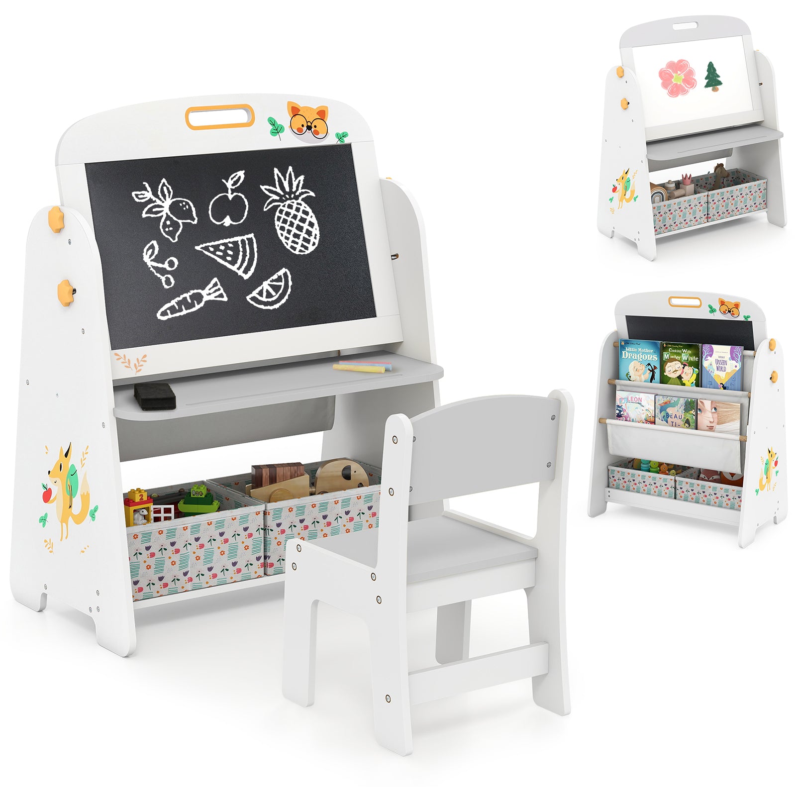 4-in-1 Art Easel and Bookshelf with Magnetic Whiteboard and Blackboard-Grey
