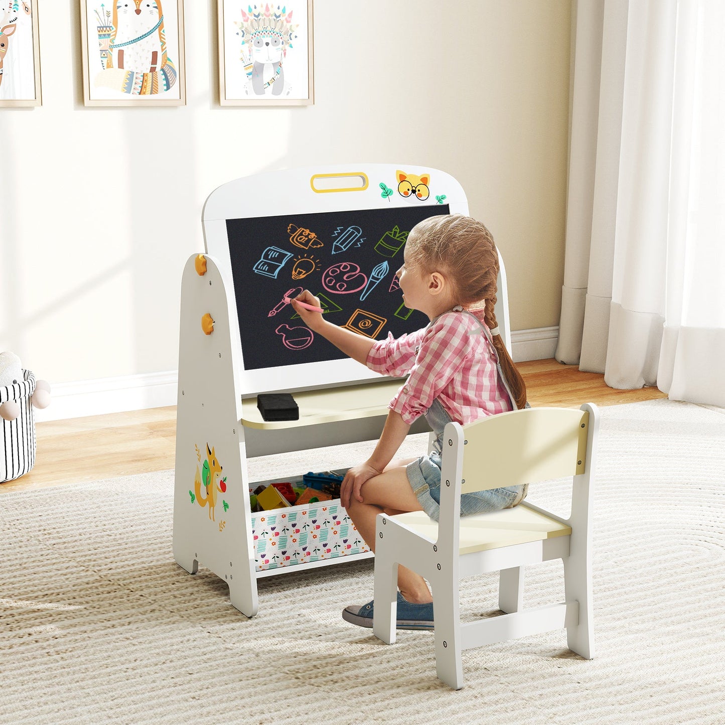 4-in-1 Art Easel and Bookshelf with Magnetic Whiteboard and Blackboard-Natural