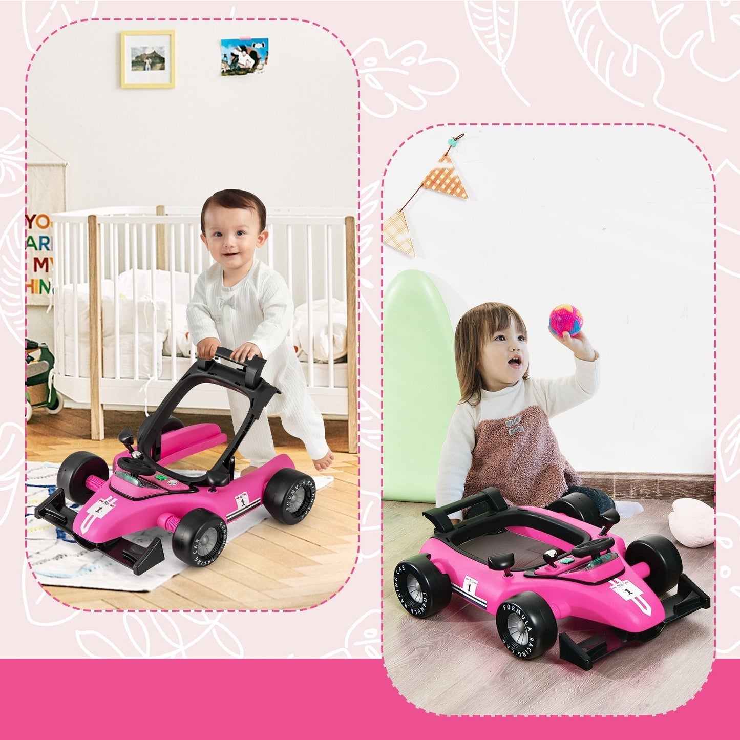 4-in-1 Baby Push Walker with Adjustable Height and Speed-Rose