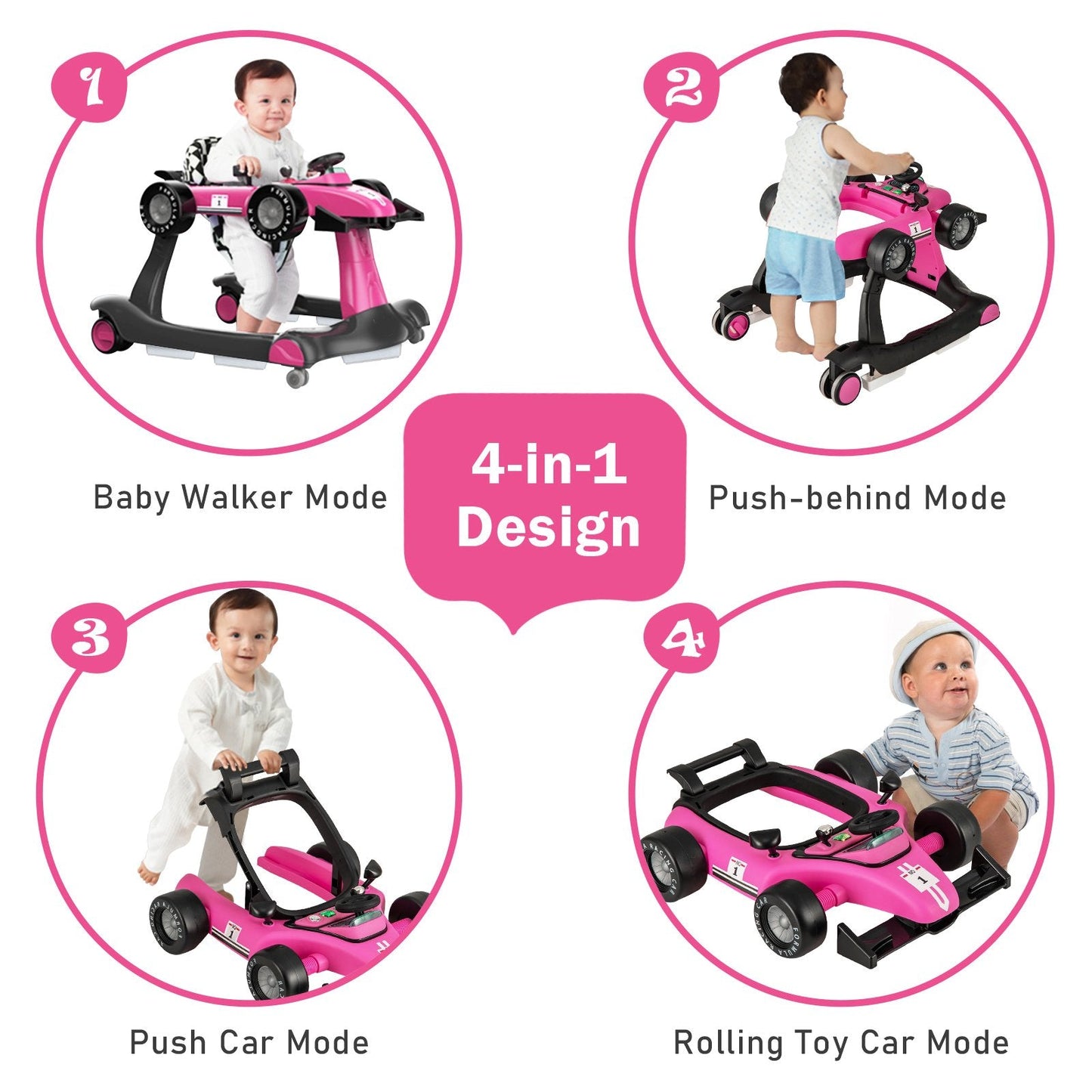 4-in-1 Baby Push Walker with Adjustable Height and Speed-Rose