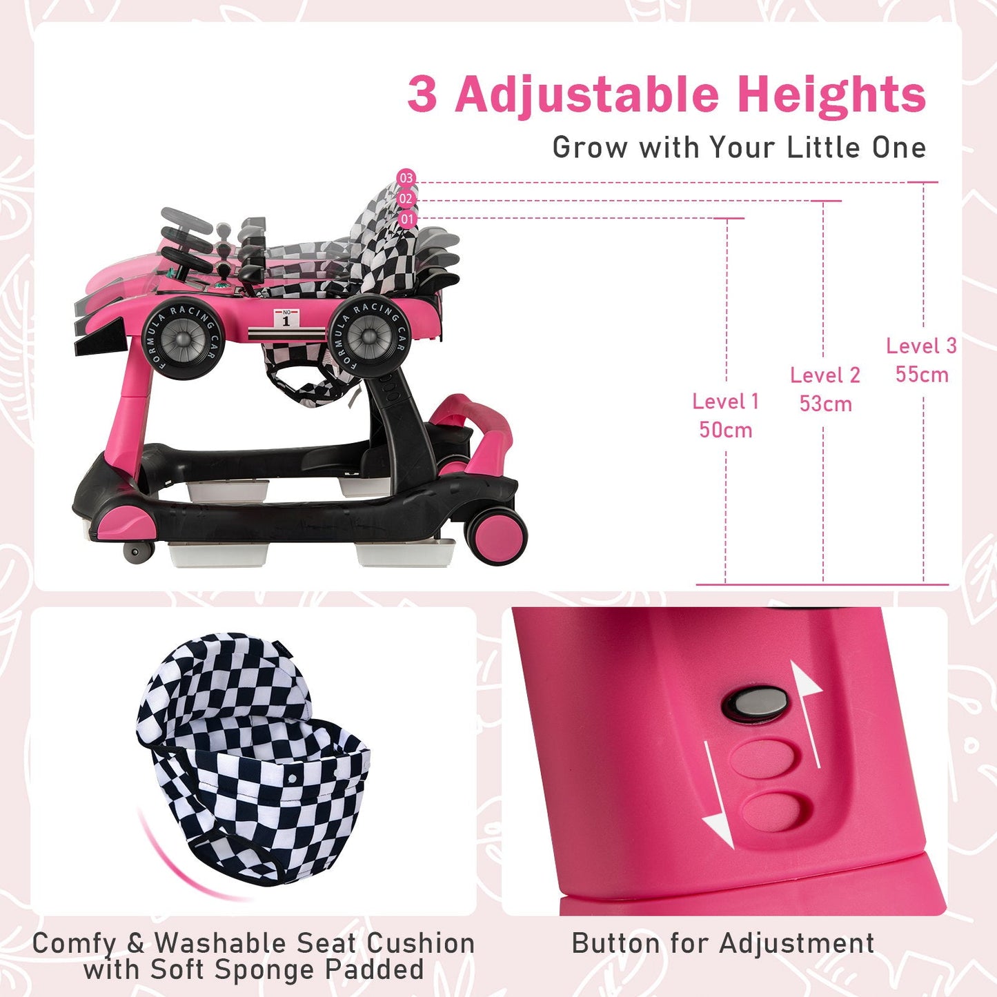 4-in-1 Baby Push Walker with Adjustable Height and Speed-Rose