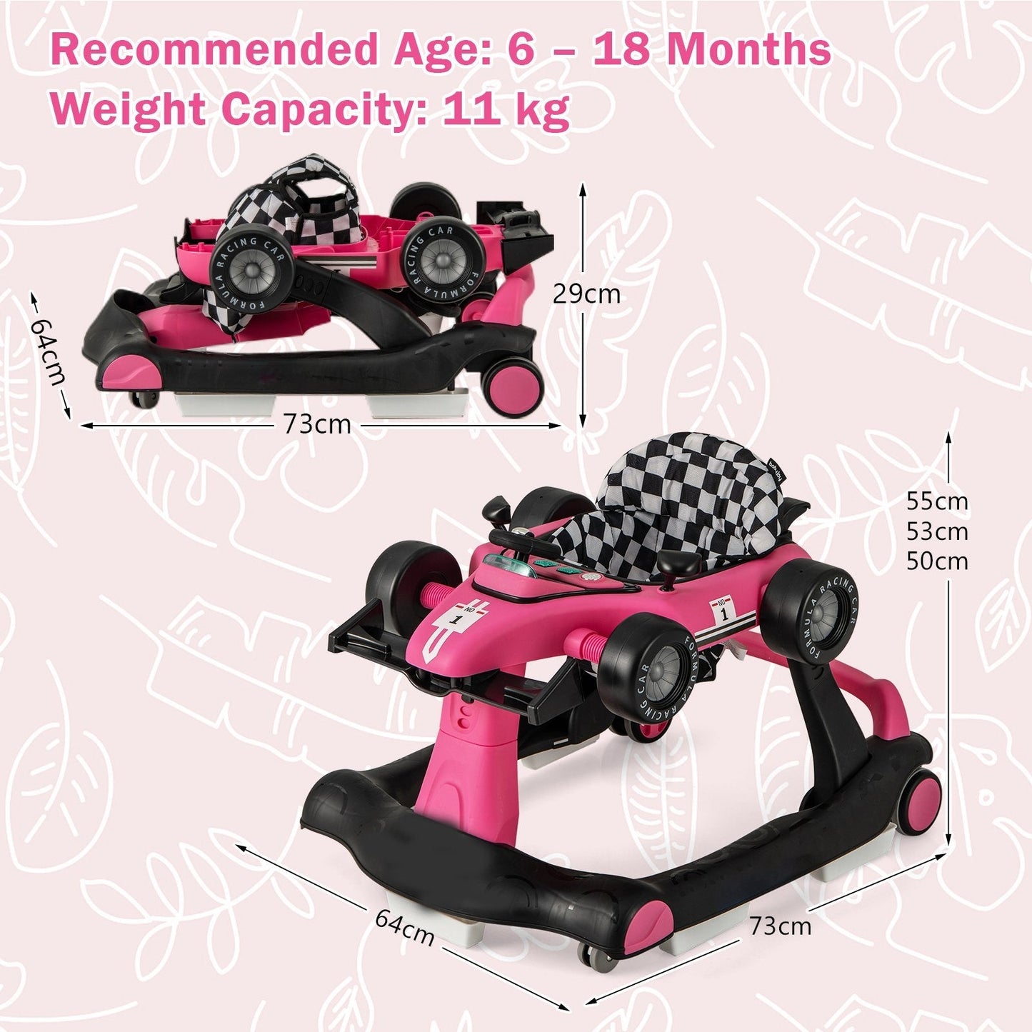 4-in-1 Baby Push Walker with Adjustable Height and Speed-Rose