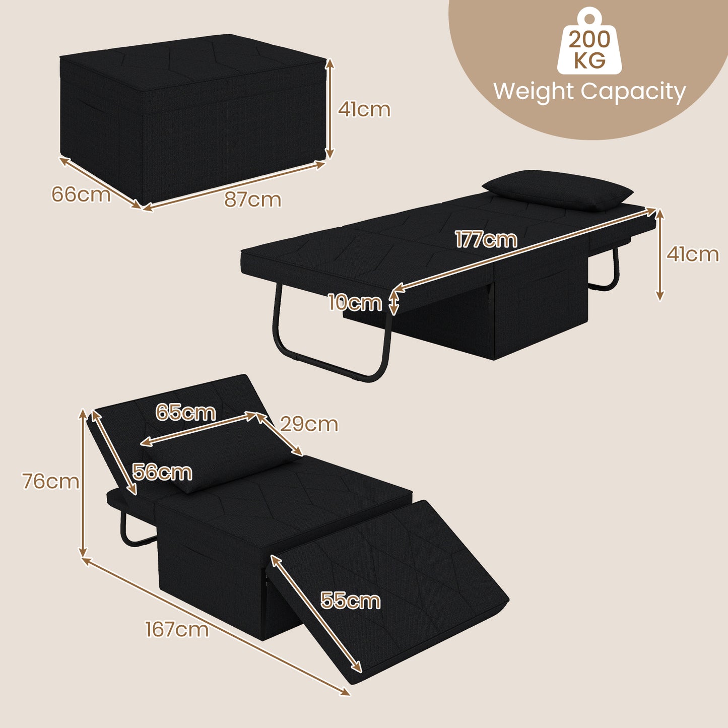 4-in-1 Foldable Sofa Bed Ottoman Convertible Sleeper Sofa Chair-Black