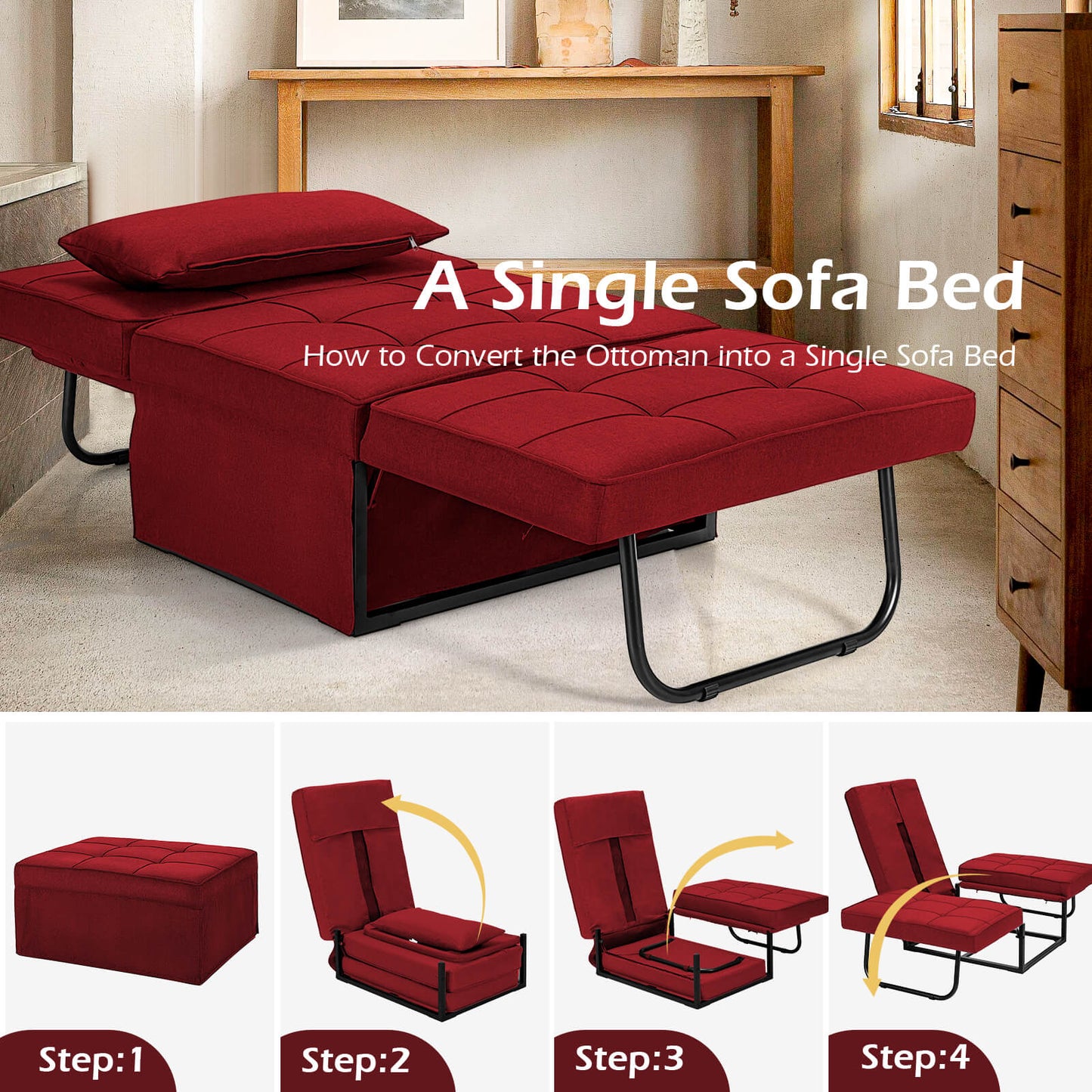 4 in 1 Convertible Sofa Bed with Adjustable Backrest-Burgundy