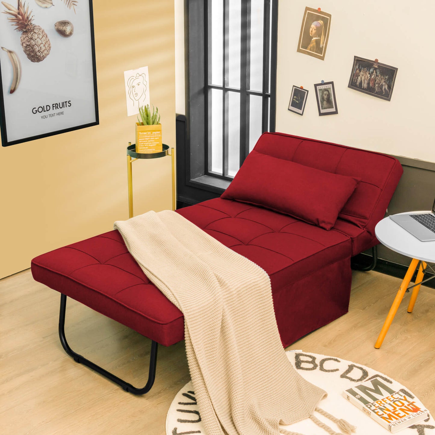 4 in 1 Convertible Sofa Bed with Adjustable Backrest-Burgundy