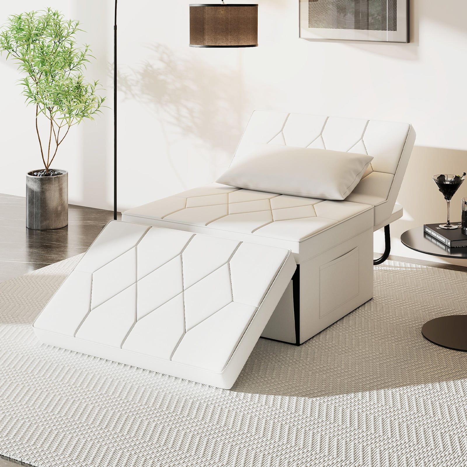 4-in-1 Foldable Sofa Bed Ottoman Convertible Sleeper Sofa Chair-White