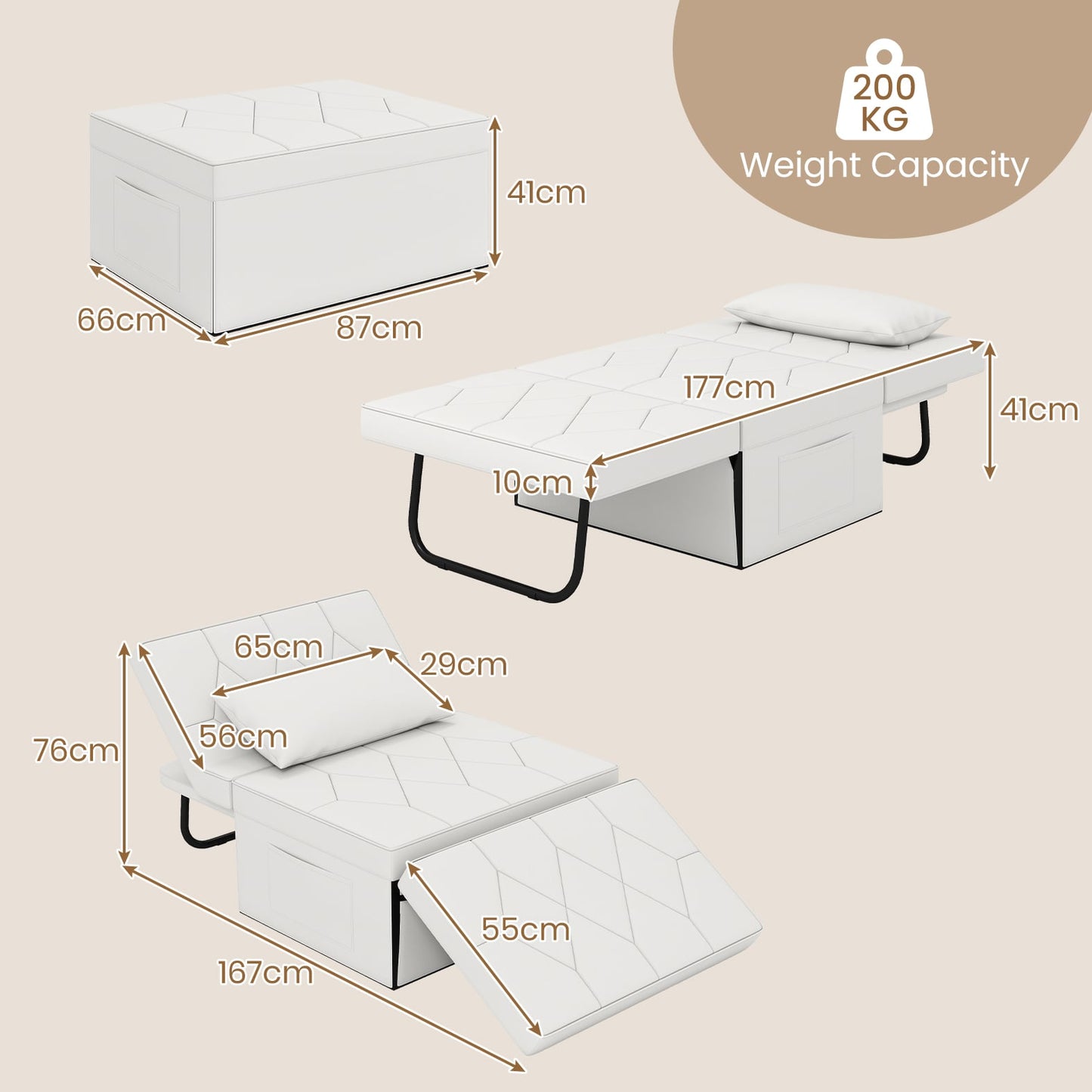 4-in-1 Foldable Sofa Bed Ottoman Convertible Sleeper Sofa Chair-White