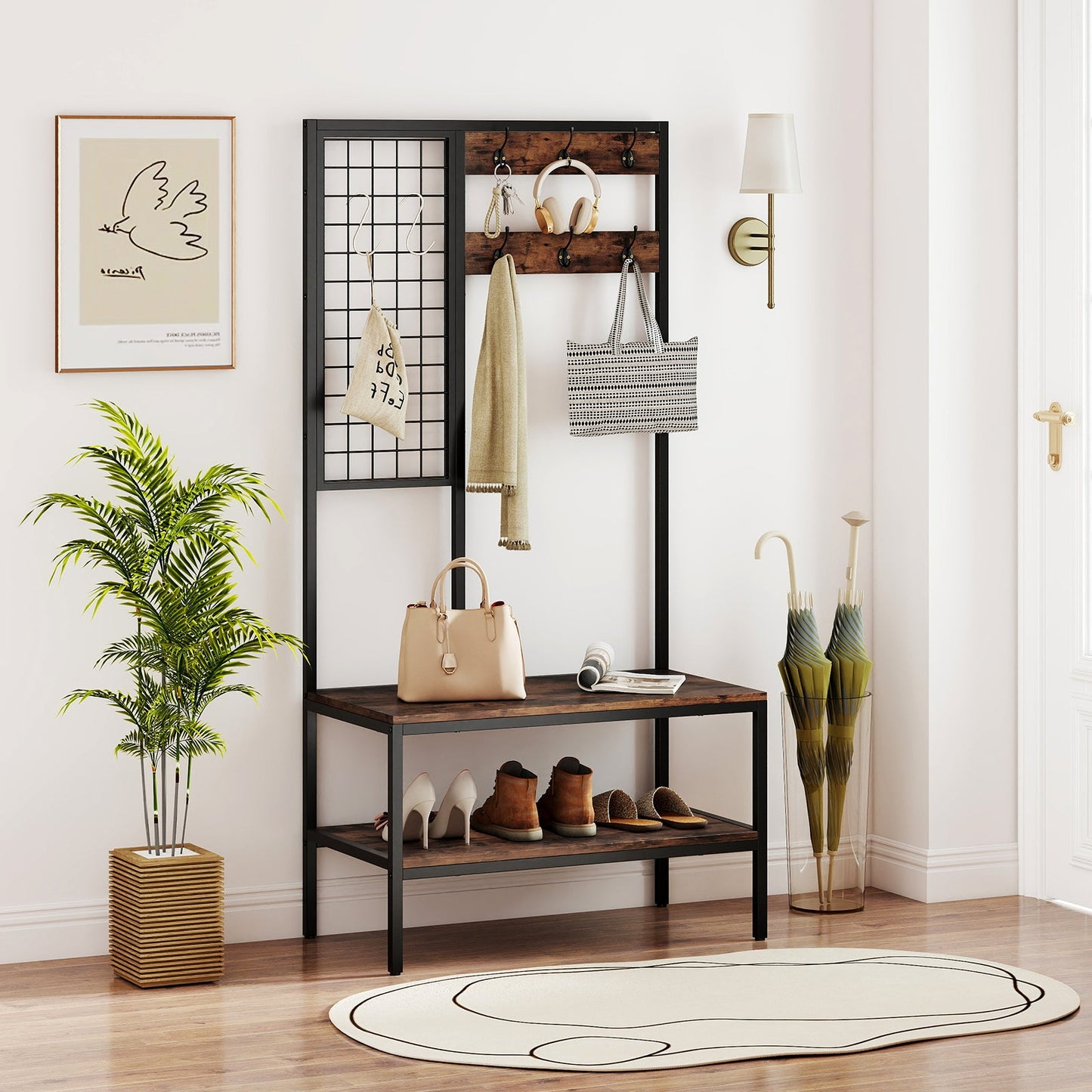 4 in 1 Hall Tree with Shoe Bench and 8 Hanging Hooks for Entryway