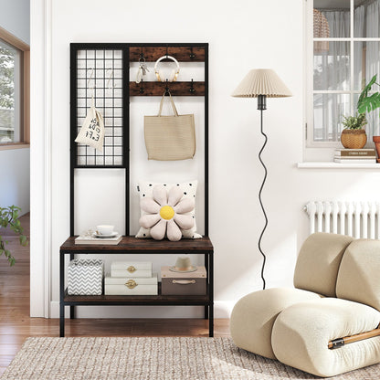 4 in 1 Hall Tree with Shoe Bench and 8 Hanging Hooks for Entryway