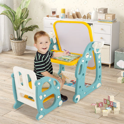 4-in-1 Kids Drawing Table and Chair Set with Adjustable Whiteboard-Yellow &amp; Blue