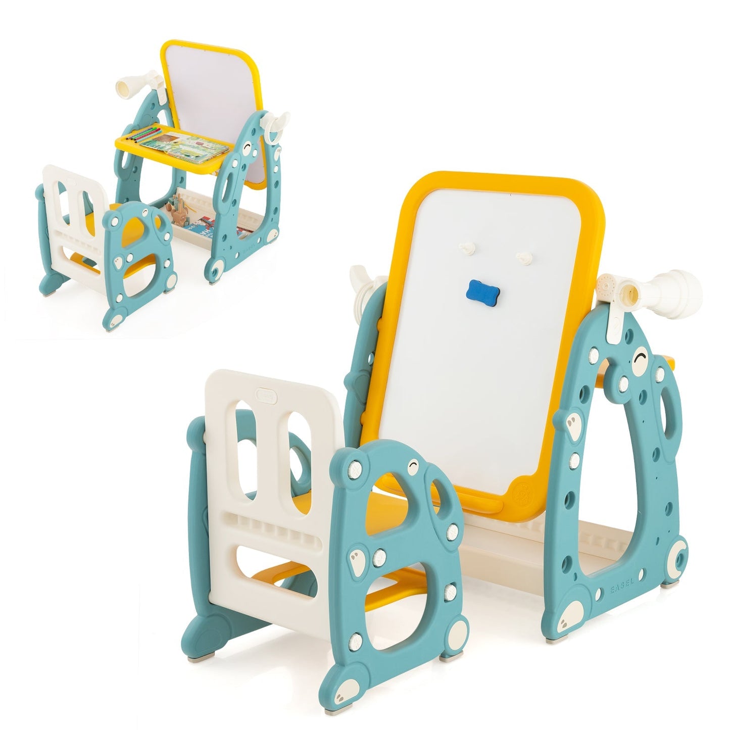 4-in-1 Kids Drawing Table and Chair Set with Adjustable Whiteboard-Yellow &amp; Blue