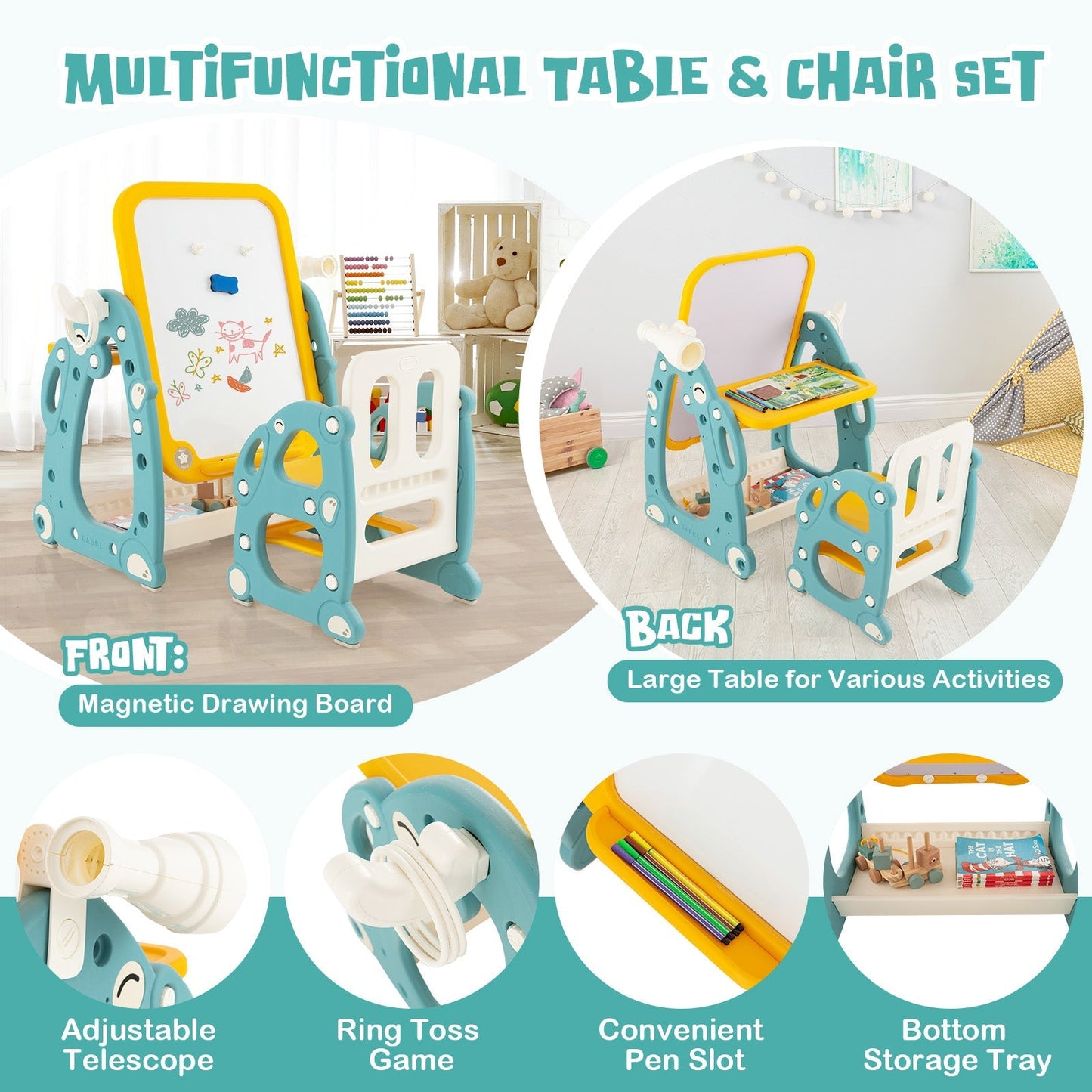 4-in-1 Kids Drawing Table and Chair Set with Adjustable Whiteboard-Yellow &amp; Blue