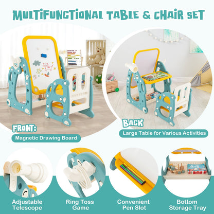 4-in-1 Kids Drawing Table and Chair Set with Adjustable Whiteboard-Yellow &amp; Blue