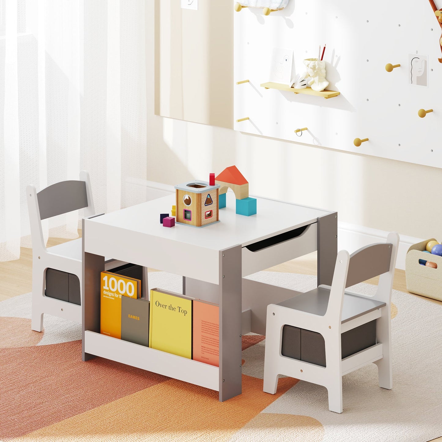 4 in 1 Kids Table and Chairs Set with Reversible Tabletop and Bookshelves-Grey