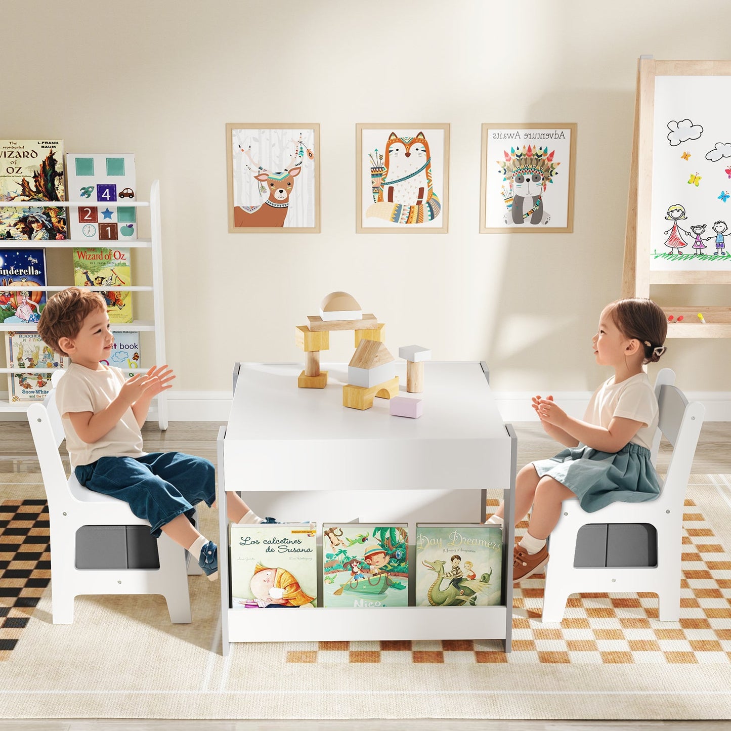 4 in 1 Kids Table and Chairs Set with Reversible Tabletop and Bookshelves-Grey