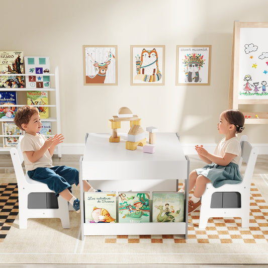 4 in 1 Kids Table and Chairs Set with Reversible Tabletop and Bookshelves-Grey