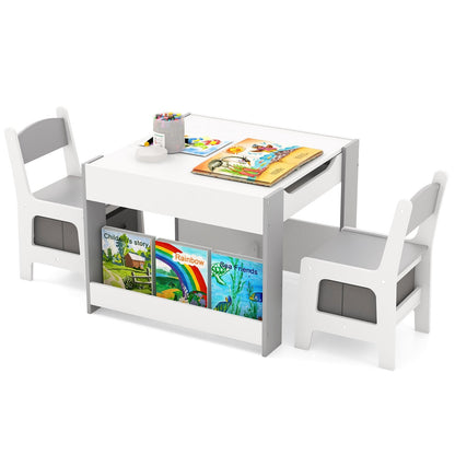 4 in 1 Kids Table and Chairs Set with Reversible Tabletop and Bookshelves-Grey