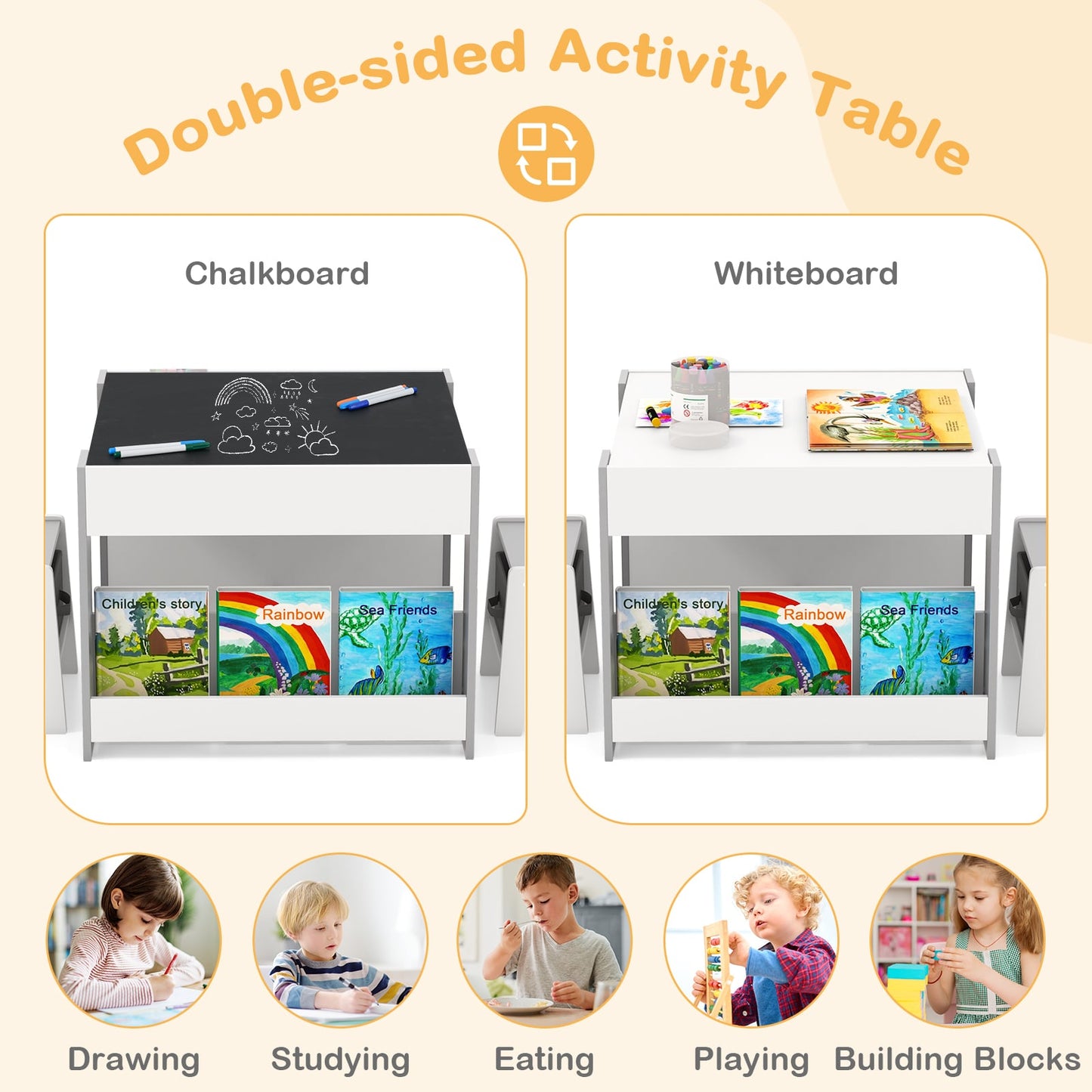 4 in 1 Kids Table and Chairs Set with Reversible Tabletop and Bookshelves-Grey