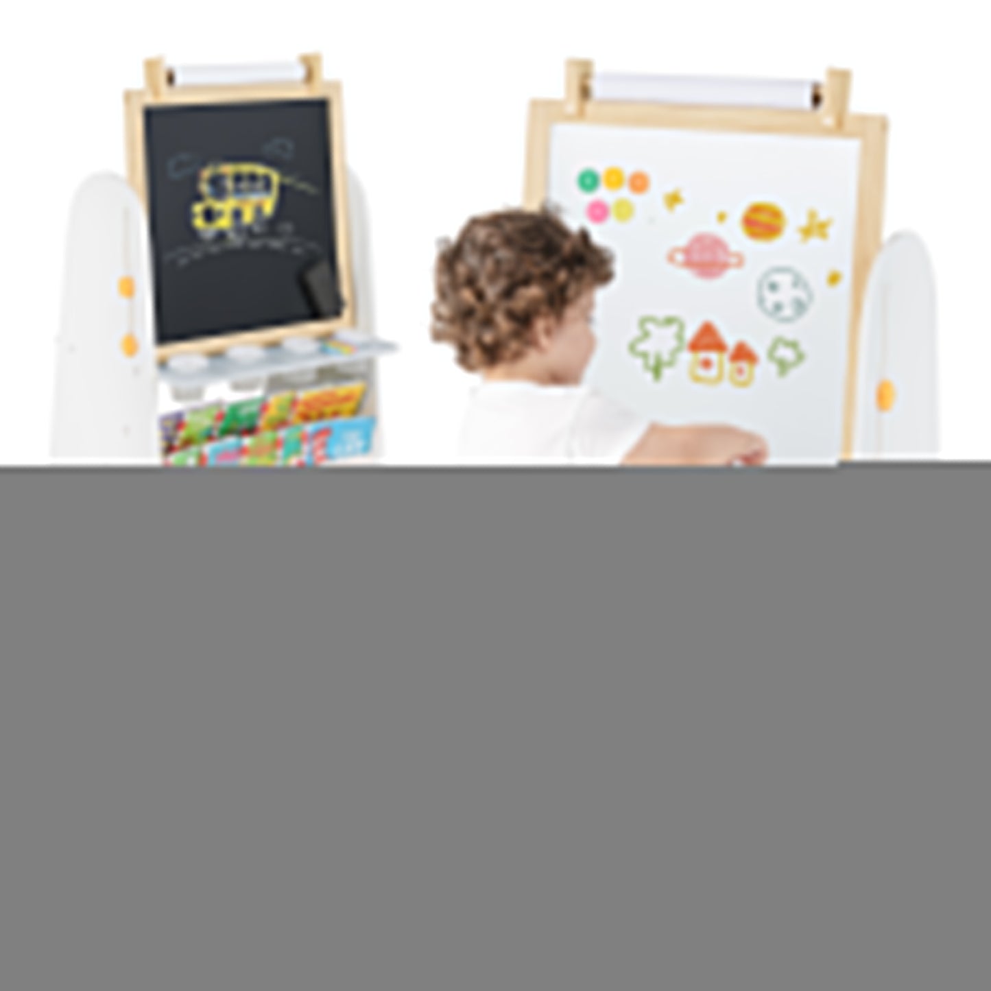 Height Adjustable Kids Art Easel with Stool and Magnetic Whiteboard-Grey