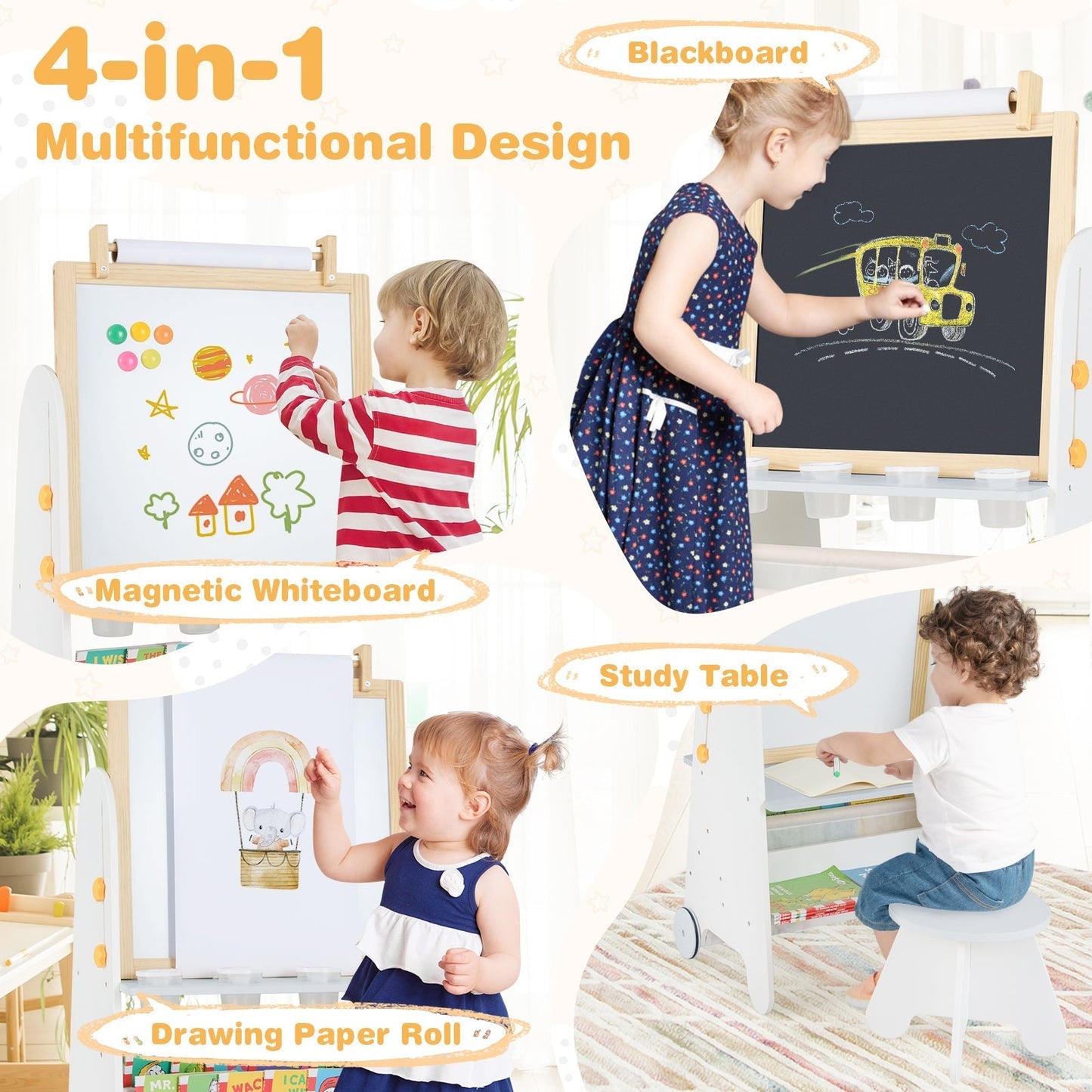 Height Adjustable Kids Art Easel with Stool and Magnetic Whiteboard-Grey