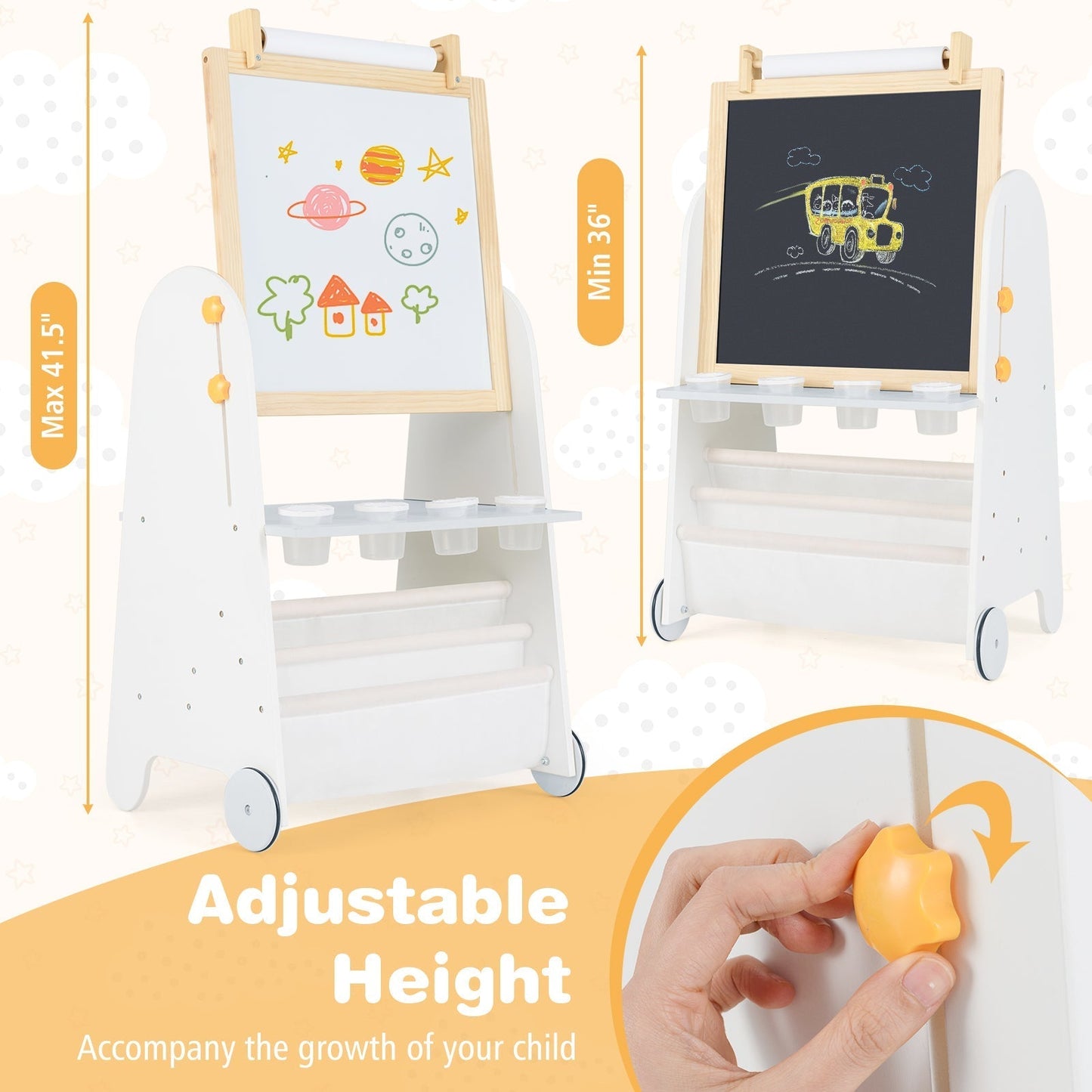 Height Adjustable Kids Art Easel with Stool and Magnetic Whiteboard-Grey