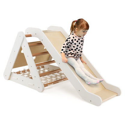 4 in 1 Toddler Wooden Triangle Climber with Ramp and Sliding Board-White