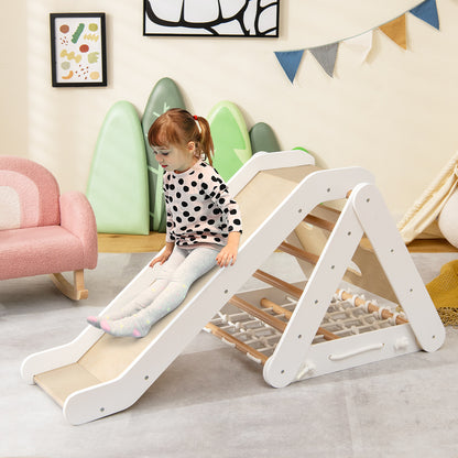4 in 1 Toddler Wooden Triangle Climber with Ramp and Sliding Board-White